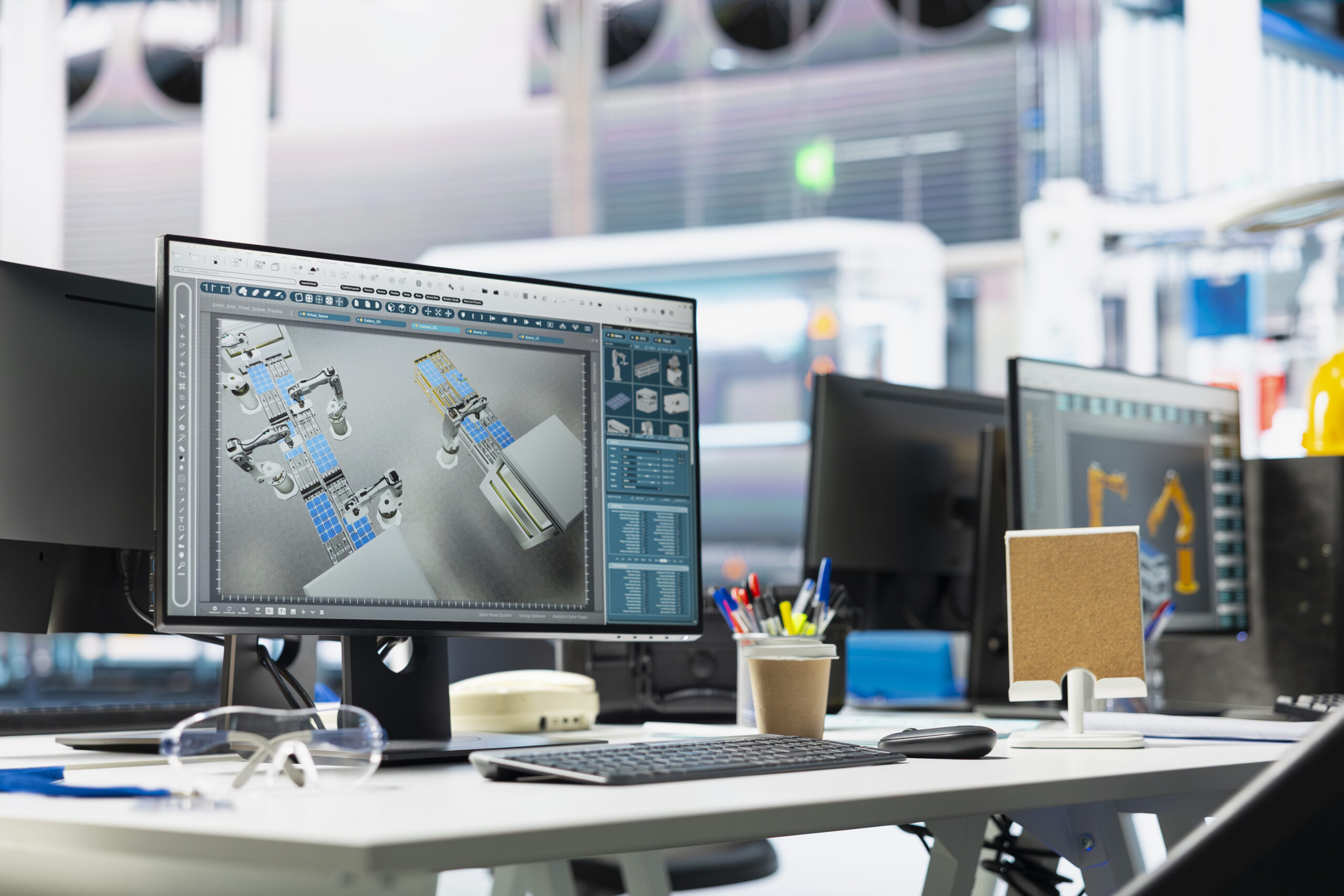 Monitors in photovoltaics factory used to manage performance of robot arms